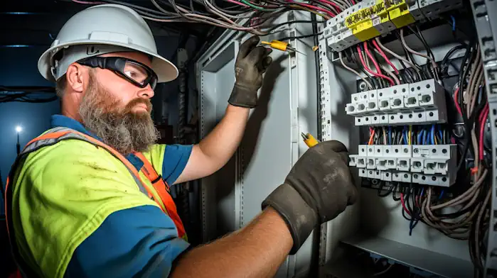 Commercial electrician at work on a commercial fuse box.