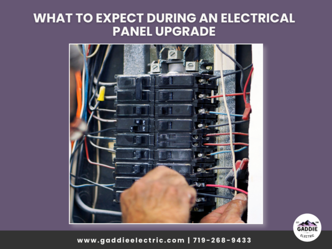 a purple box with a photo of an electrical panel with a persons hands working on it.