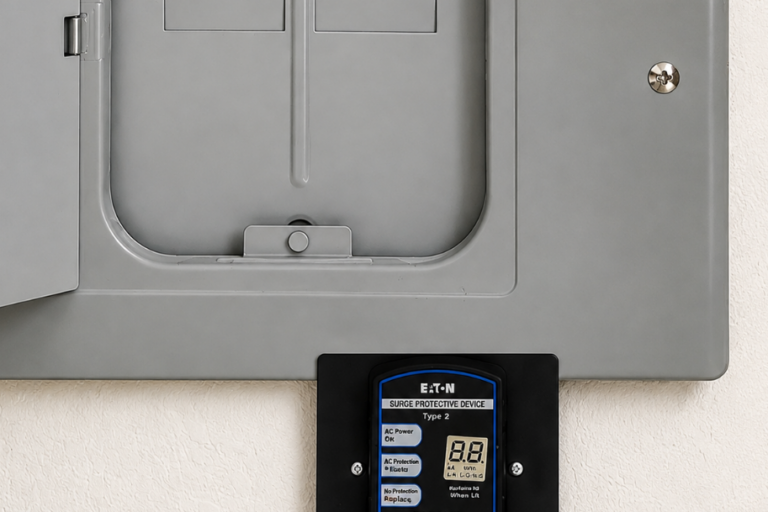 Whole-home surge protector installed below an electrical panel