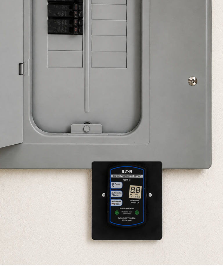 Whole-Home Surge Protector Installation Whole-home surge protector installed below an electrical panel