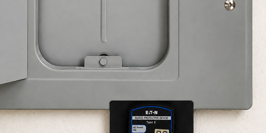 Whole-Home Surge Protector Installation Whole-home surge protector installed below an electrical panel