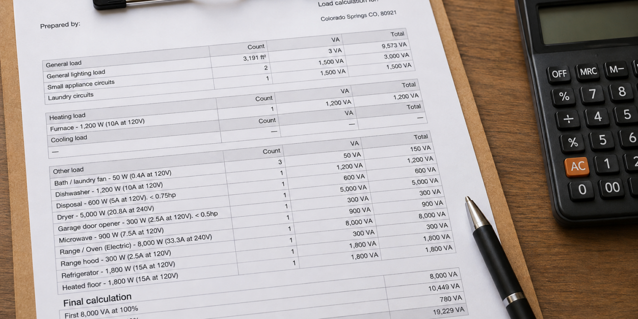 Residential Electrical Load Calculation Electrical load calculation form on a clipboard with a calculator and pen.