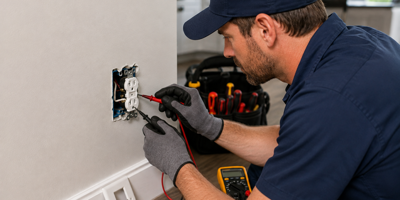 Electrician testing a residential electrical outlet with a multimeter during an electrical troubleshooting service call.