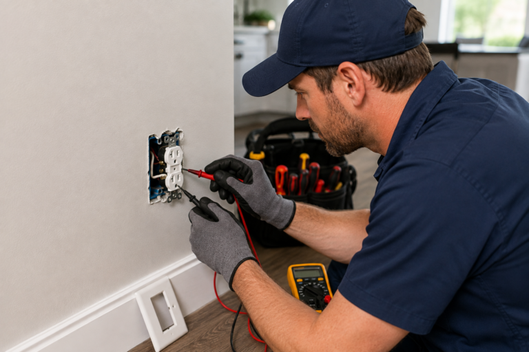 Electrical Troubleshooting Service Call Electrician testing a residential electrical outlet with a multimeter during an electrical troubleshooting service call.